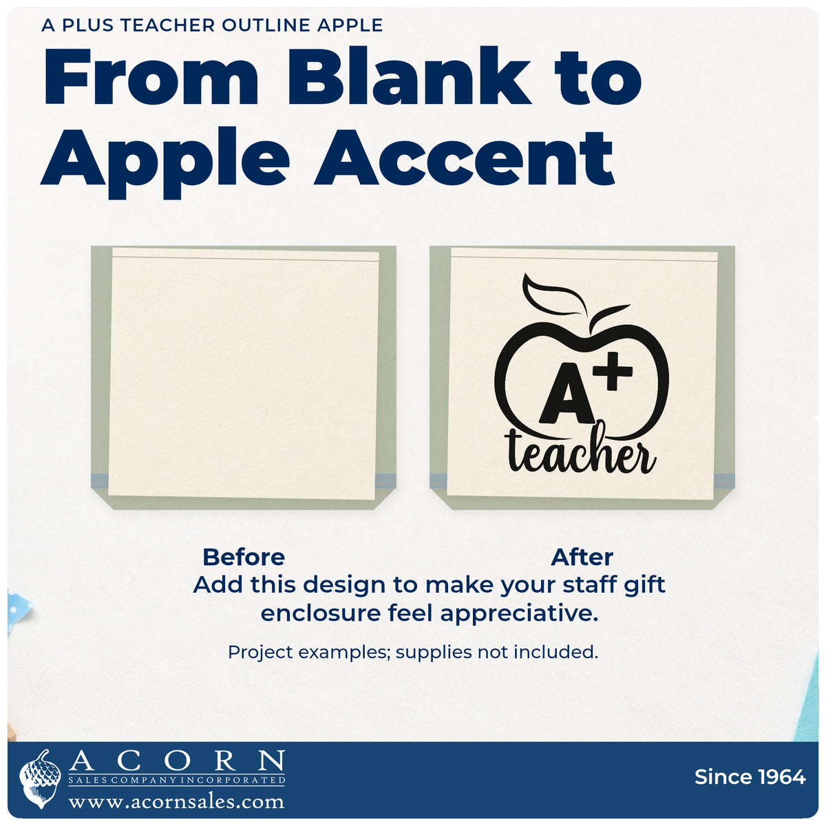 Before and after of a plain item finished with the A Plus Teacher Outline Apple Slim Pre-Inked Stamp, a quick upgrade for display case labels.