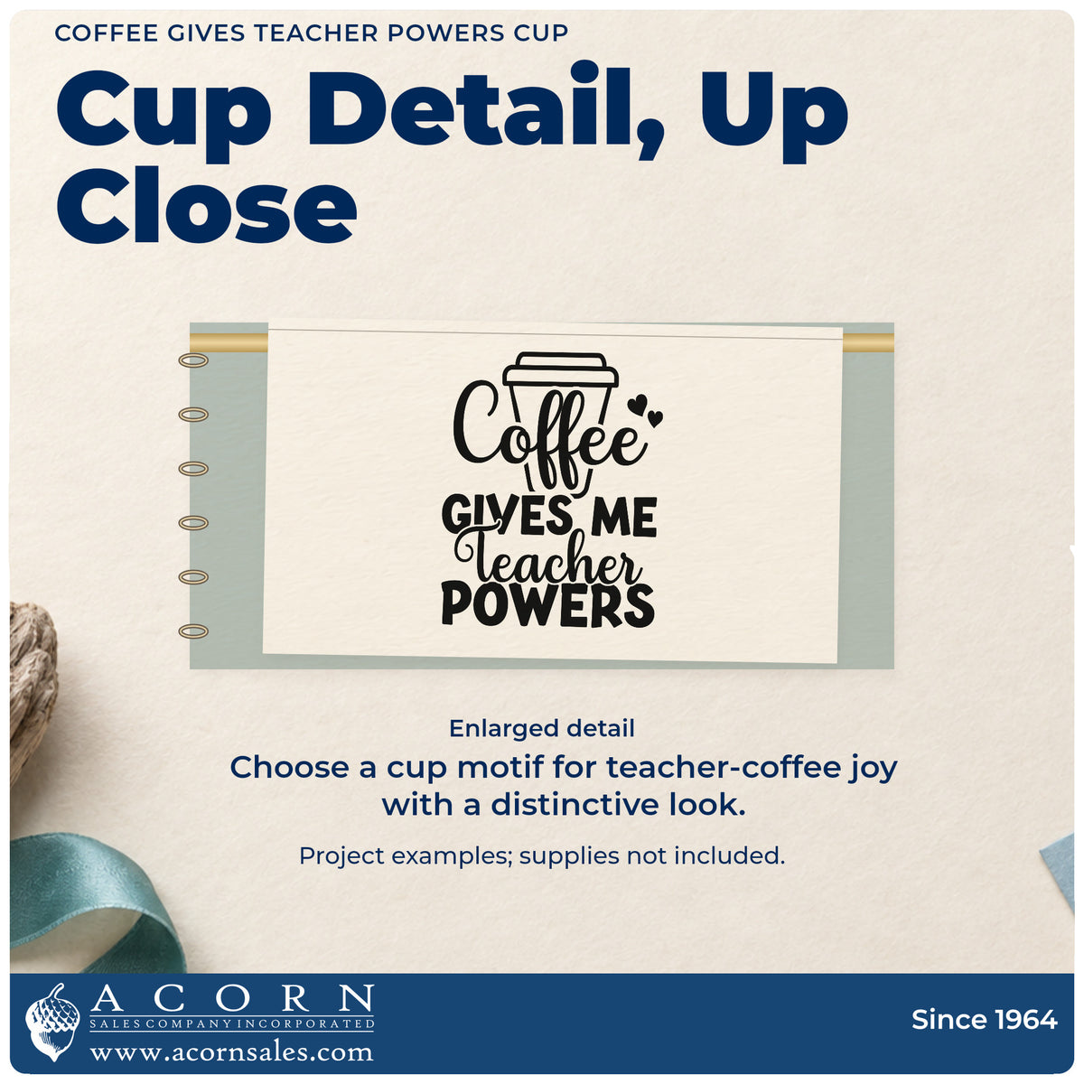 Enlarged detail of the Coffee Gives Teacher Powers Cup Rubber Stamp – Duo Hand imprint. A large takeaway cup, hearts, and mixed lettering form "Coffee gives me teacher powers."