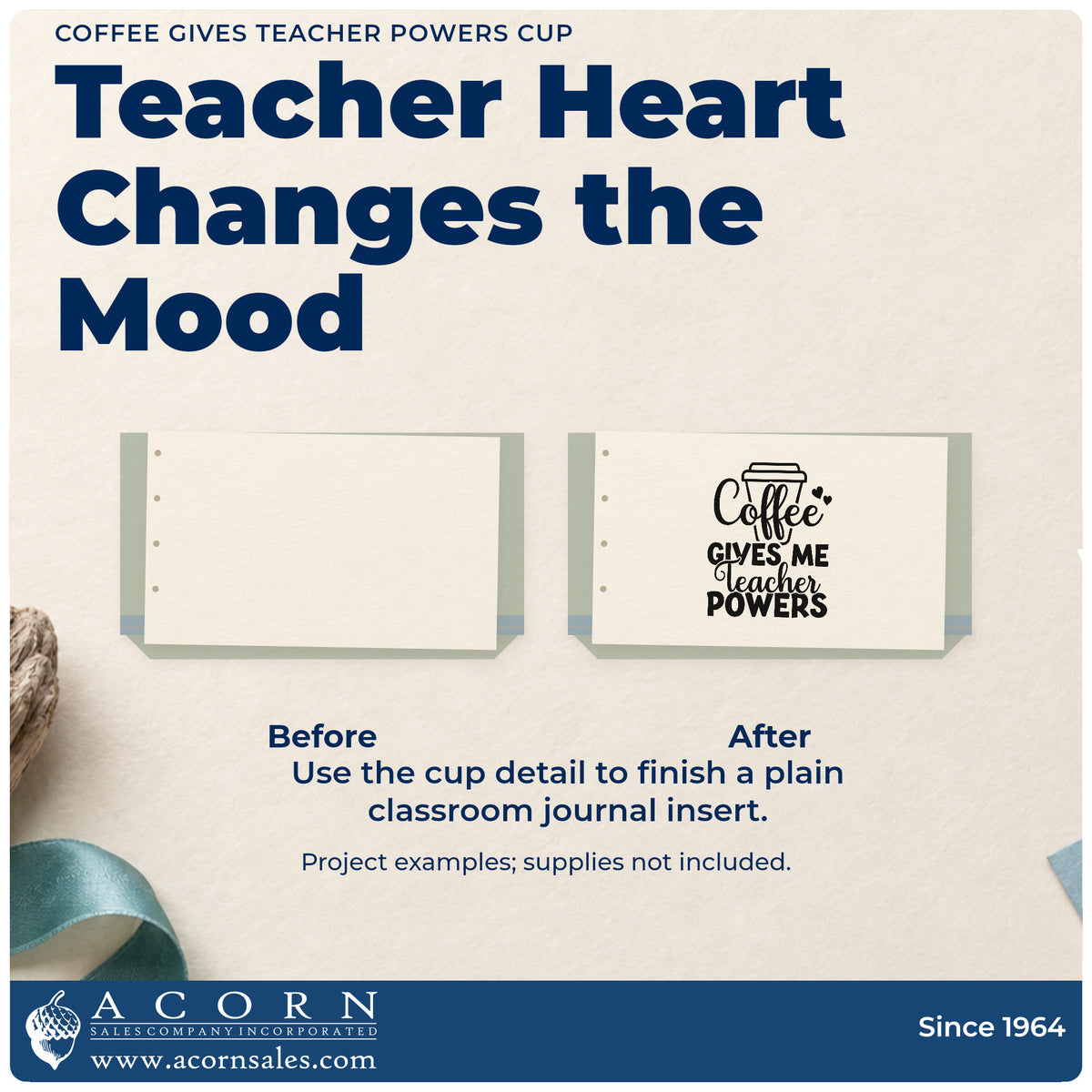 Before and after of a plain item finished with the Coffee Gives Teacher Powers Cup Stamp – Wood Handle, a quick upgrade for cart menu labels.