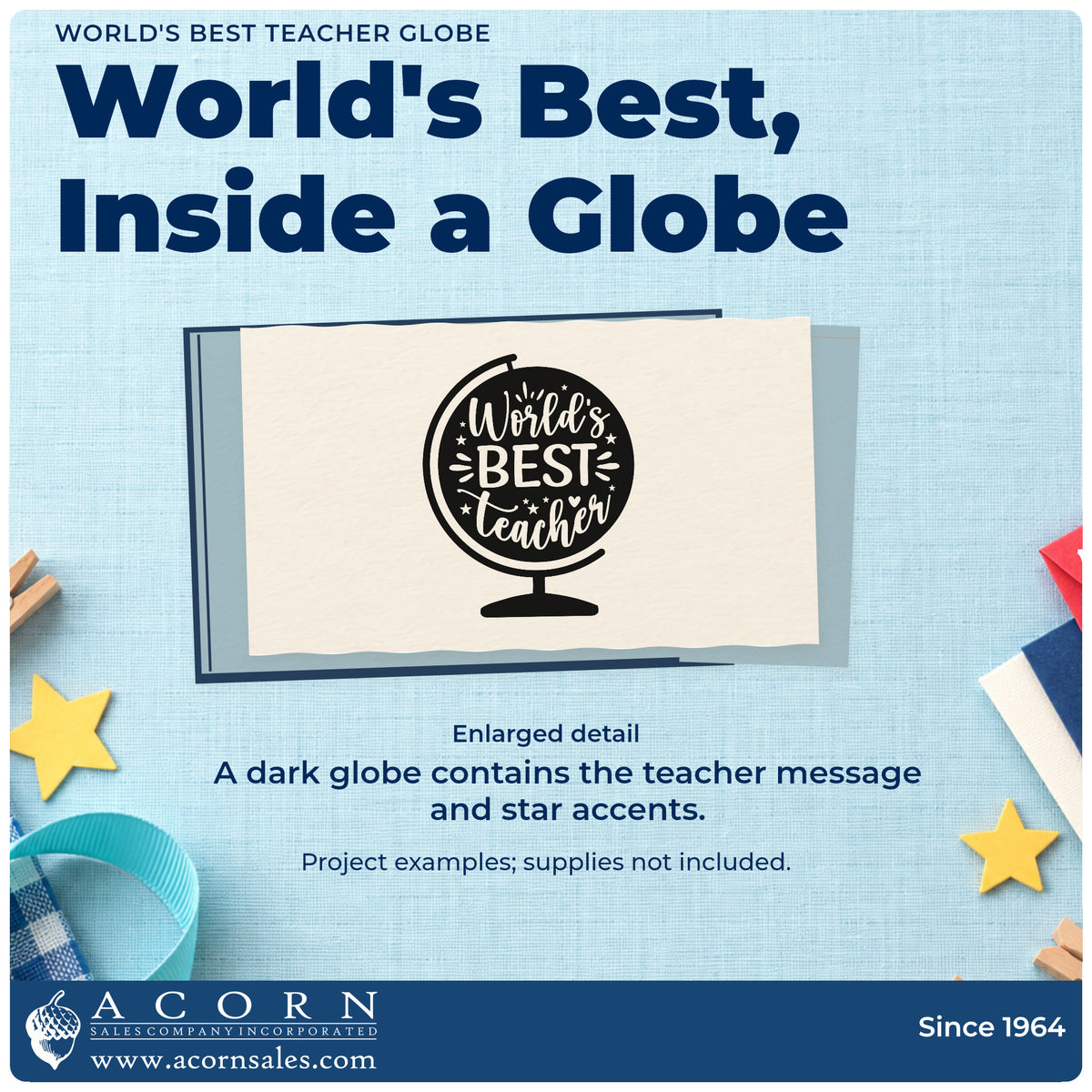Enlarged detail of the World's Best Teacher Globe With Stars Stamp – Premium Vintage Pro Wooden imprint. A dark globe on a stand contains "World's best teacher" lettering with stars.