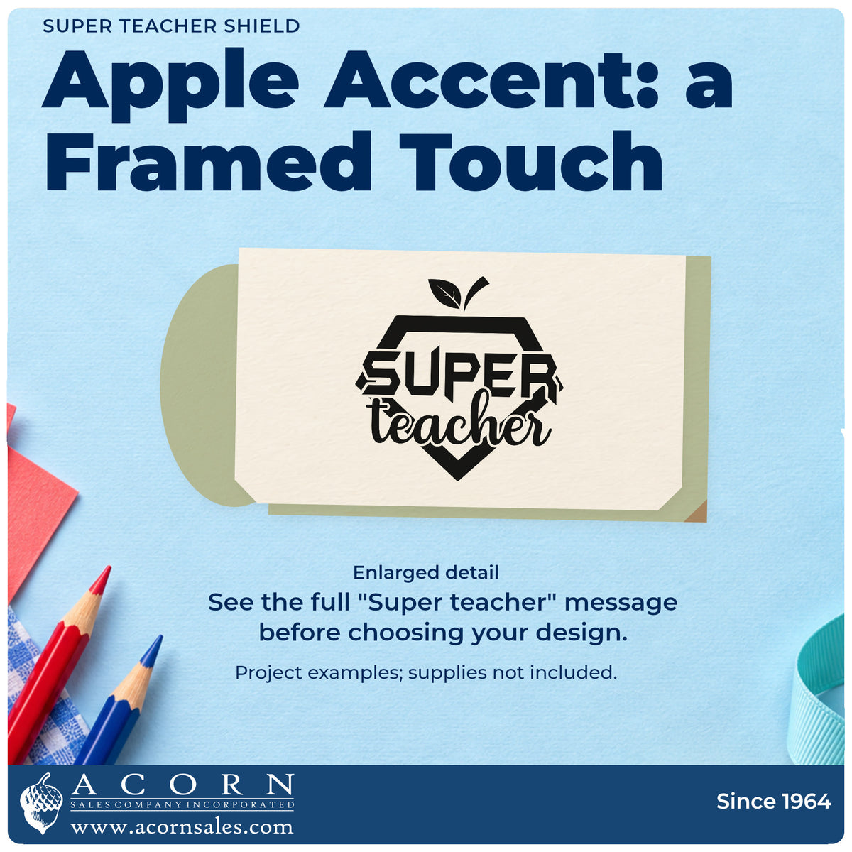 Enlarged detail of the Super Teacher Shield Rubber Stamp – Duo Hand imprint. A superhero-style shield and apple leaves frame "Super teacher."