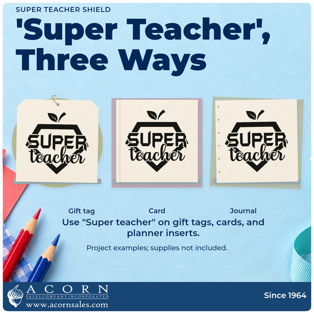 Three project examples made with the Super Teacher Shield Pre-Inked Stamp – PSI, including trophy plinth labels.