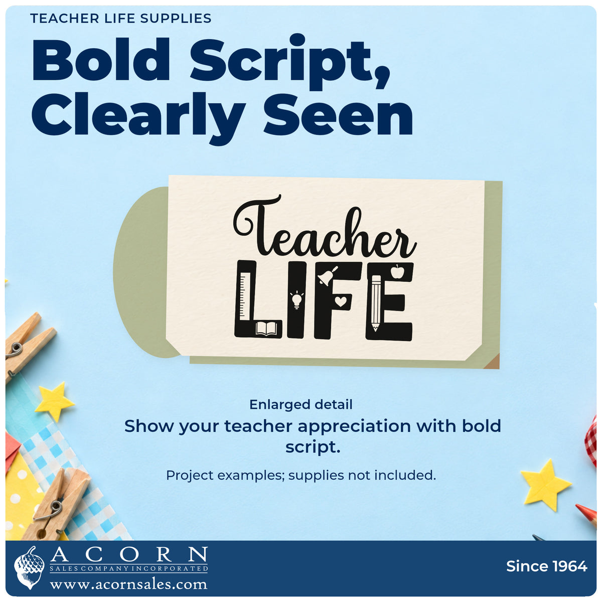 Enlarged detail of the Teacher Life Supplies Pre-Inked Stamp – PSI imprint. School-supply symbols fill bold "Life" lettering beneath "Teacher" script.