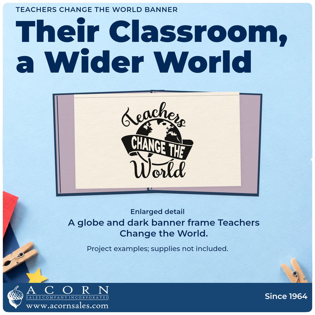 Enlarged detail of the Teachers Change The World Banner Premium Wood-Mounted Stamp – Vintage Pro imprint. A globe and dark banner accompany "Teachers change the world."