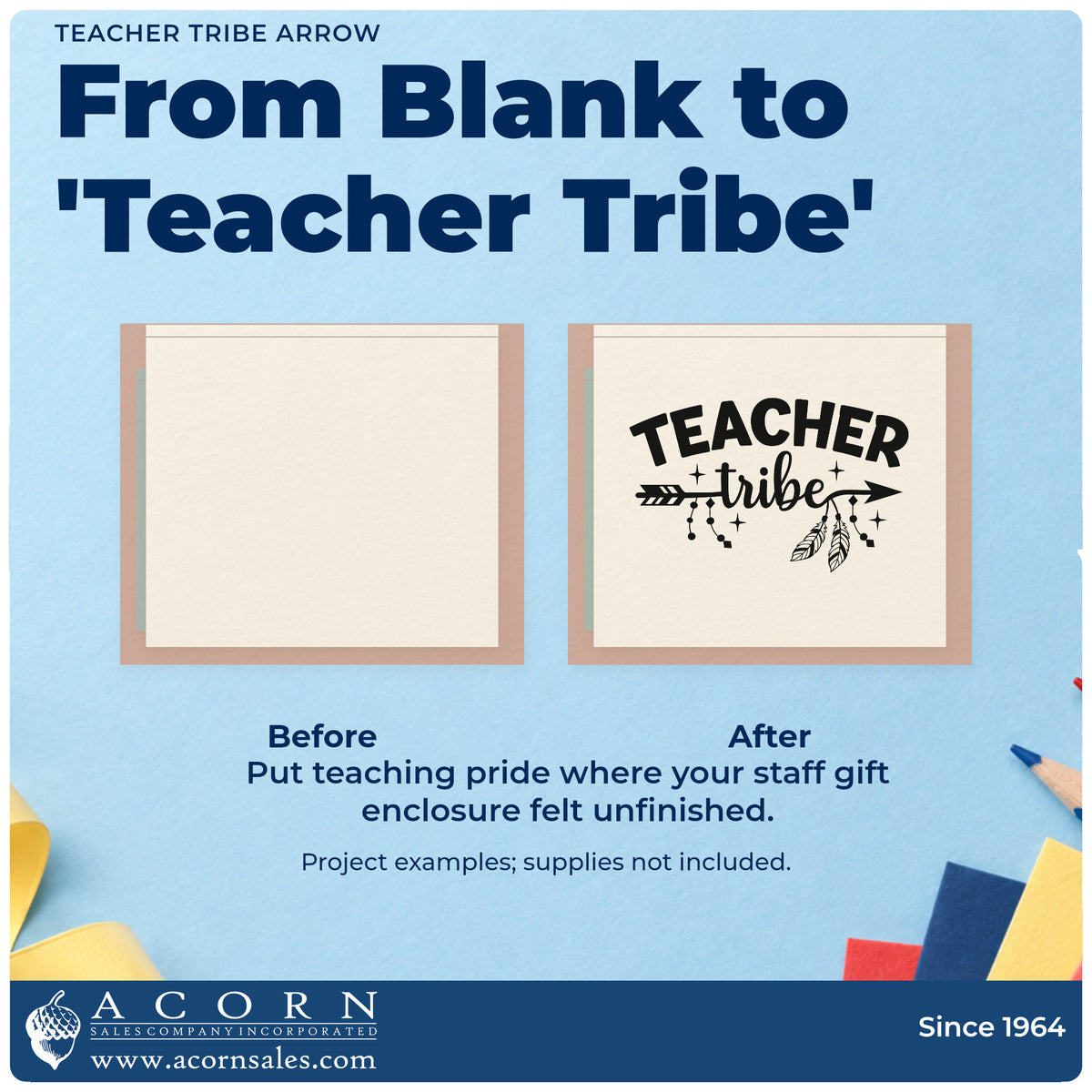 Before and after of a plain item finished with the Teacher Tribe Arrow With Cross Premium Wooden Stamp – Vintage Pro, a quick upgrade for friendship pin seals.