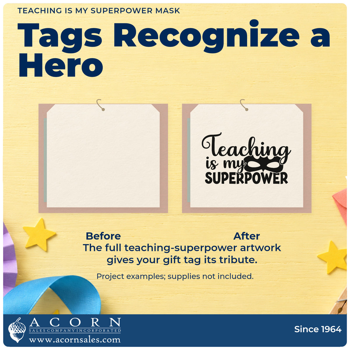 Before and after of a plain item finished with the Teaching Is My Superpower Mask Superhero Motif Stamp – Self-Inking, a quick upgrade for comic box seals.