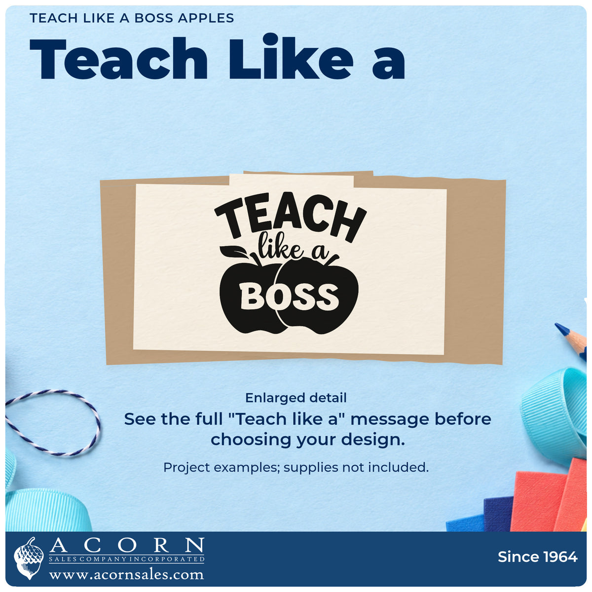 Enlarged detail of the Self-Inking Teach Like A Boss Apples Stamp imprint. Two solid apples contain "Boss" beneath "Teach like a."