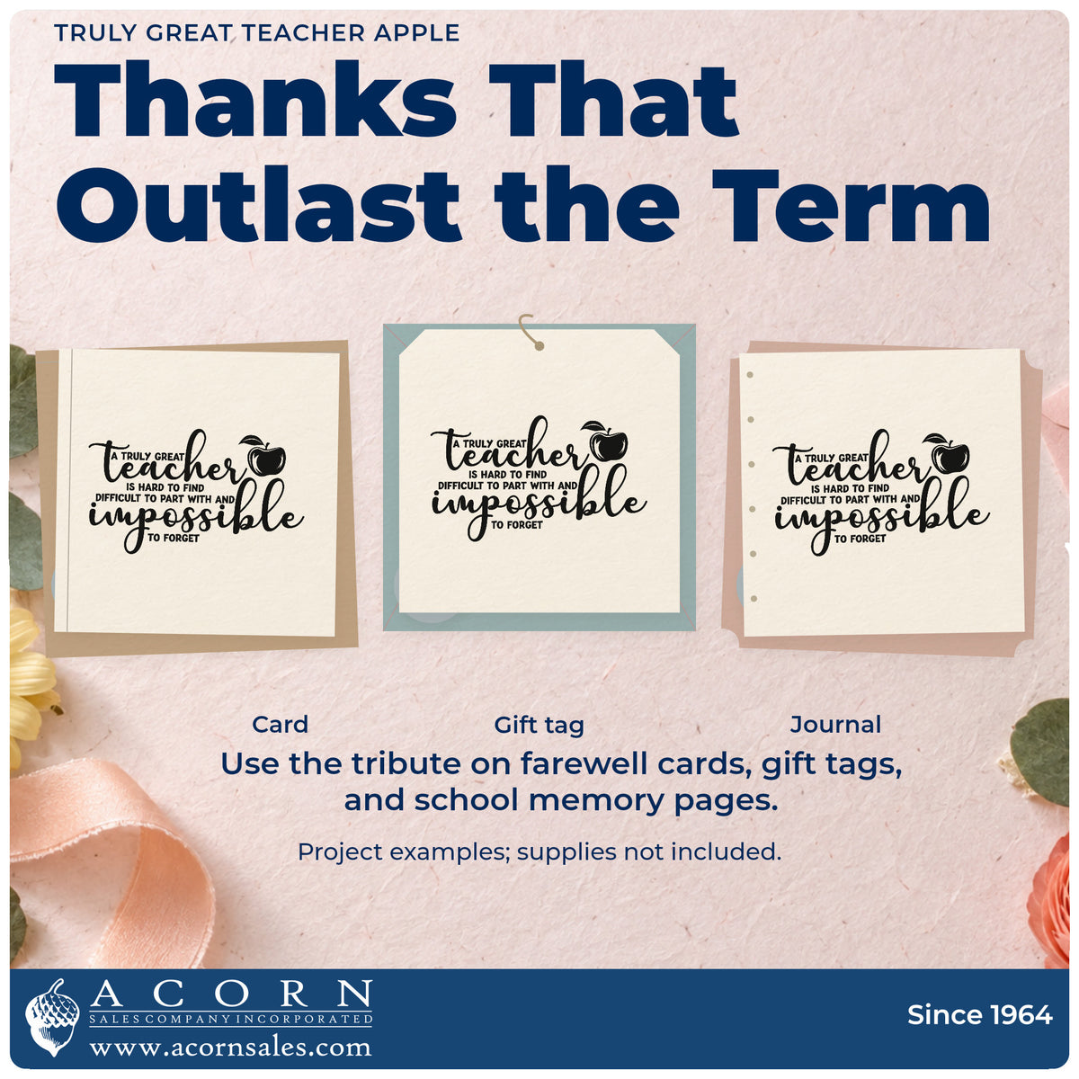 Three project examples made with the Truly Great Teacher Apple Tribute Premium Wooden Stamp – Vintage Pro, including keepsake tin labels.