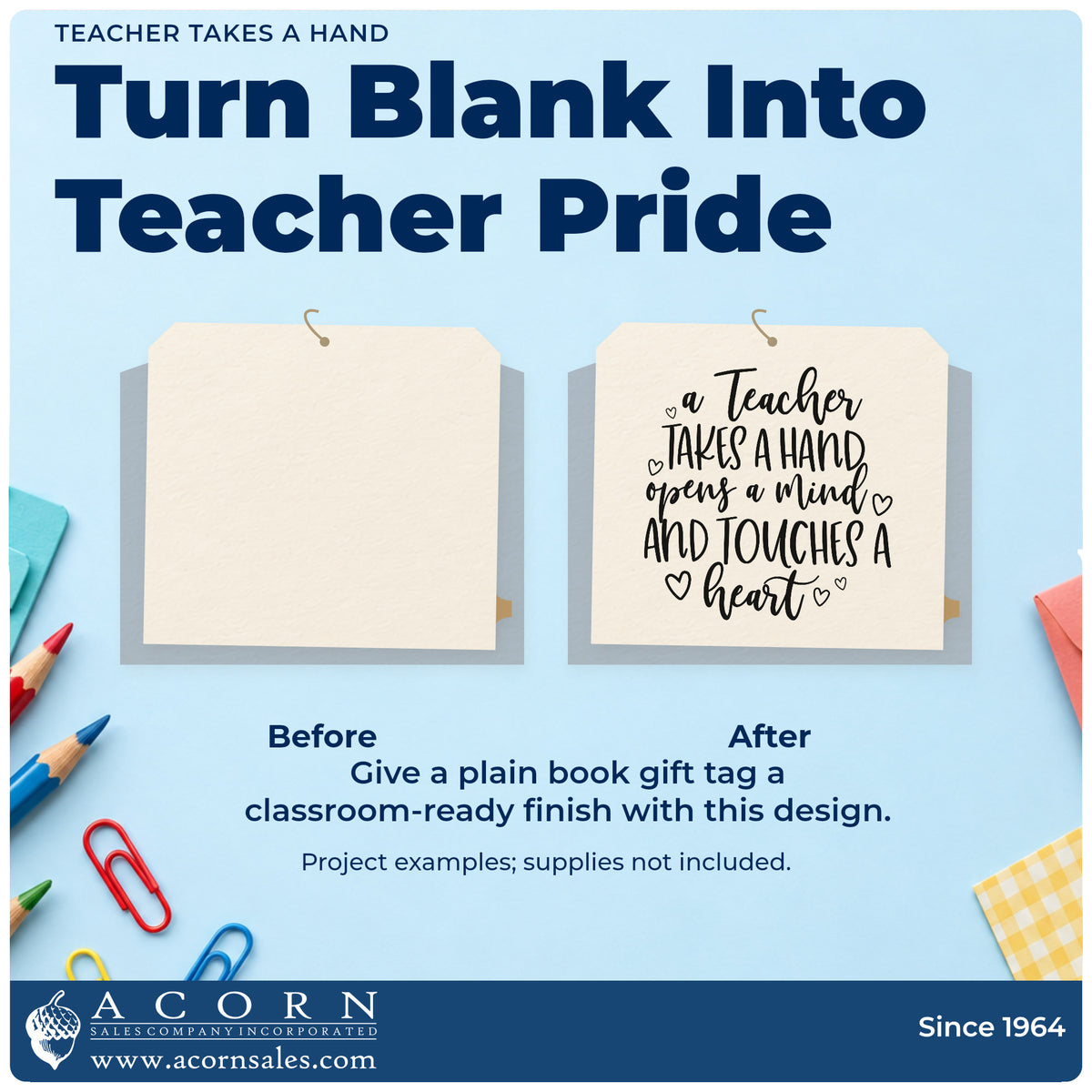 Before and after of a plain item finished with the A Teacher Takes A Hand, Opens A Mind, And Touches A Heart Self-Inking Stamp, a quick upgrade for report folder seals.