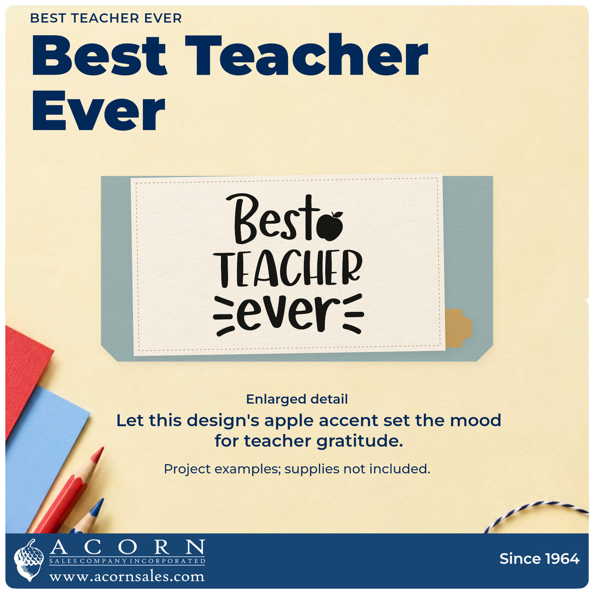 Enlarged detail of the Best Teacher Ever Wood Handle Stamp imprint. An apple and short radiating marks accent "Best teacher ever" in mixed lettering.