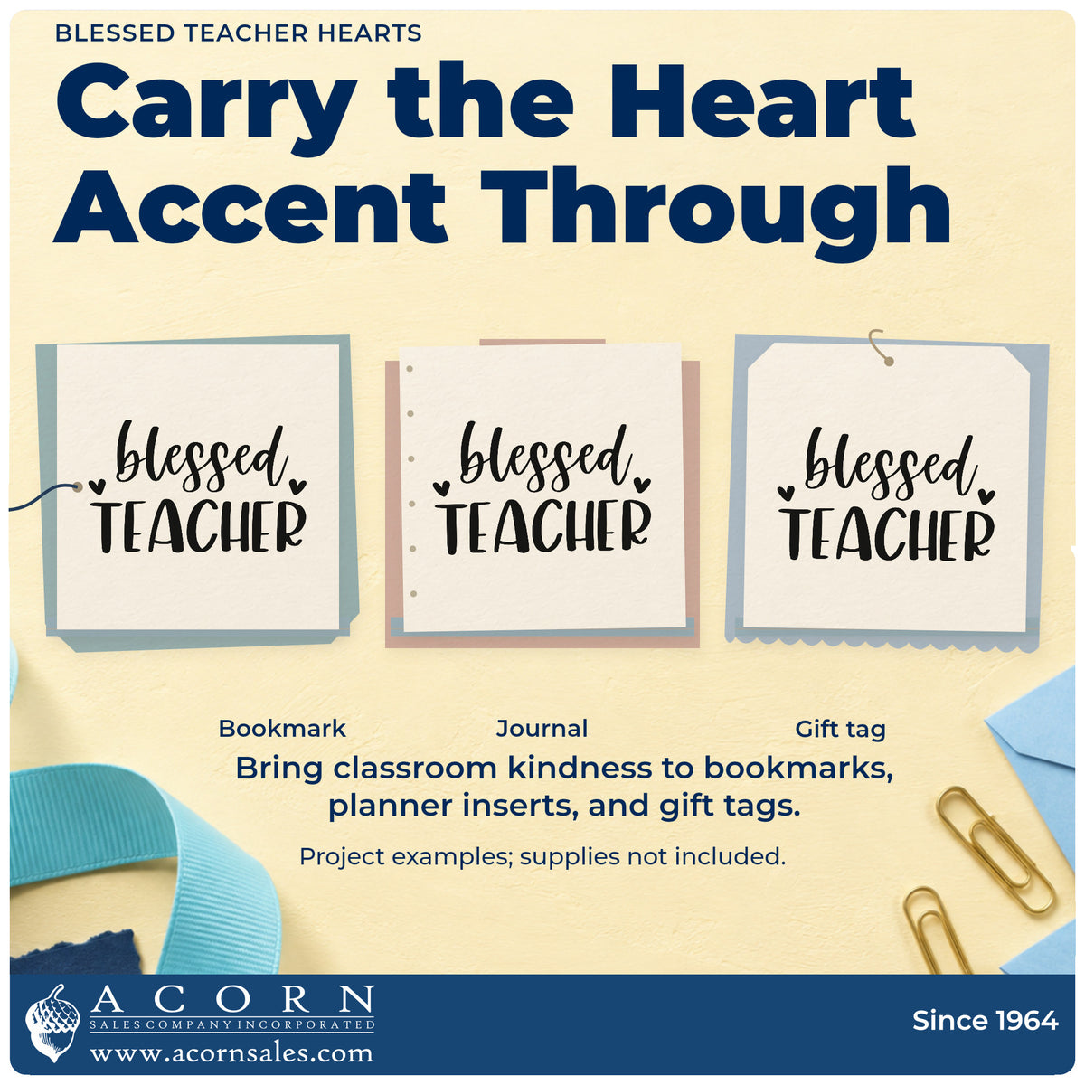 Three project examples made with the Premium Wooden Blessed Teacher Hearts Script Lettering Stamp – Vintage Pro, including kraft sack labels.