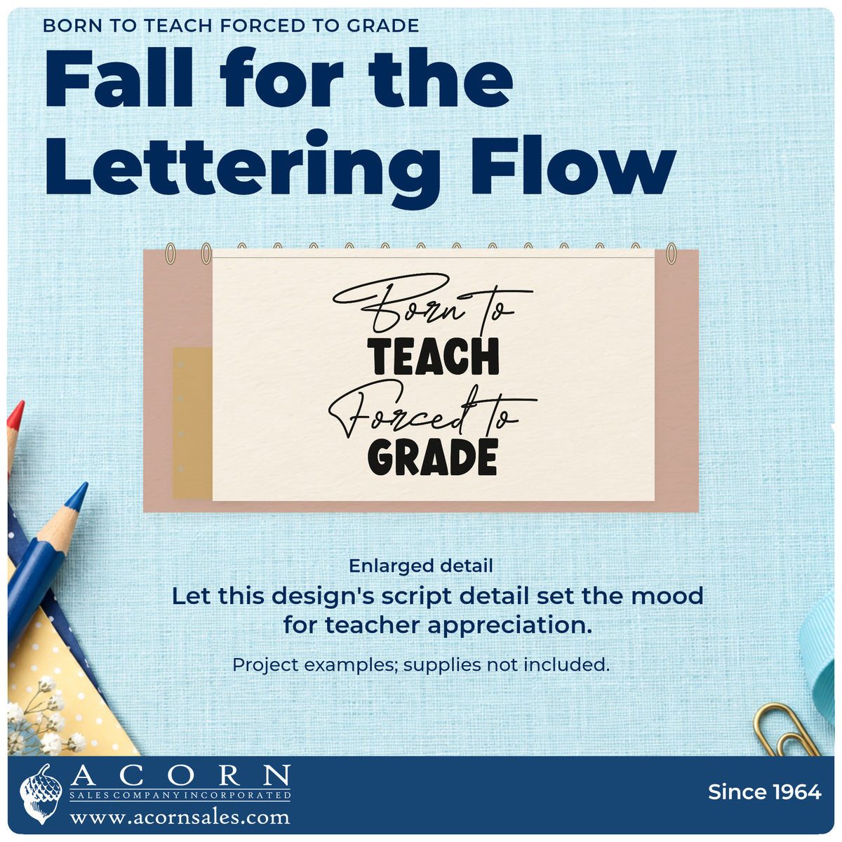 Enlarged detail of the Born To Teach Forced To Grade Pre-Inked Stamp – PSI imprint. Flowing script and bold lettering alternate in "Born to teach, forced to grade."