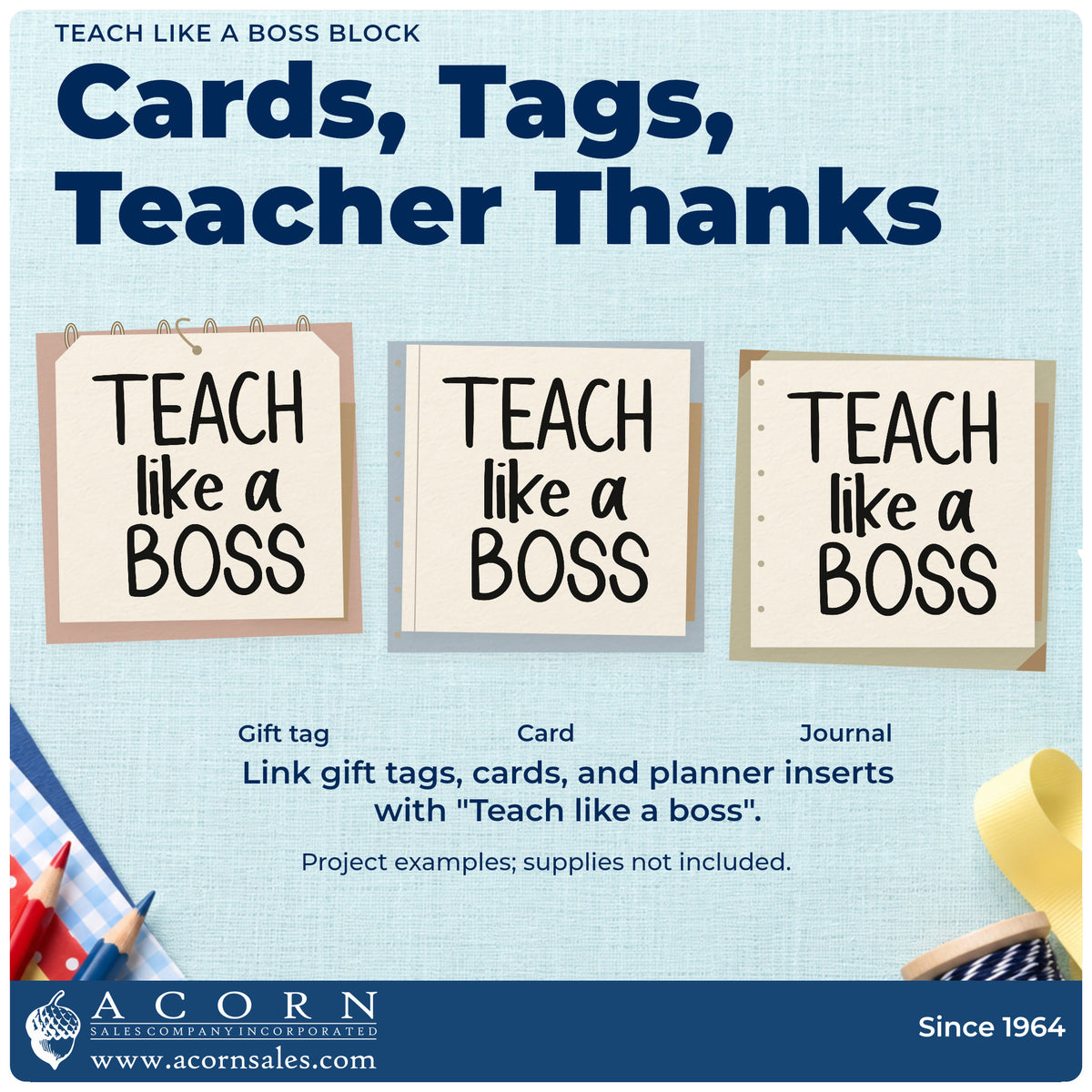 Three project examples made with the Teach Like A Boss Stacked Lettering Craft Stamp – Self-Inking, including shelf edge labels.