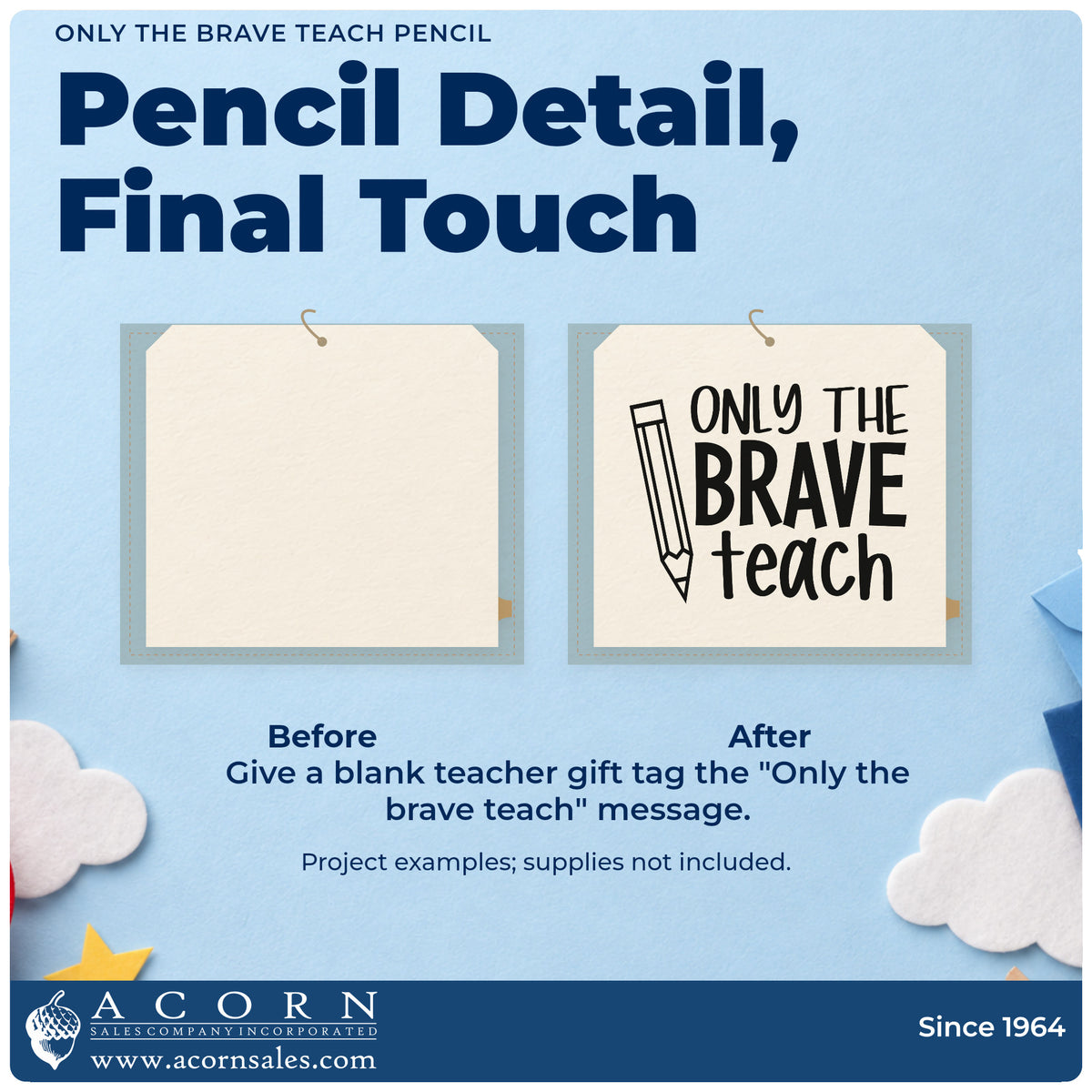 Before and after of a plain item finished with the Only The Brave Teach Pencil PSI Pre-Inked Stamp, a quick upgrade for exam pack seals.