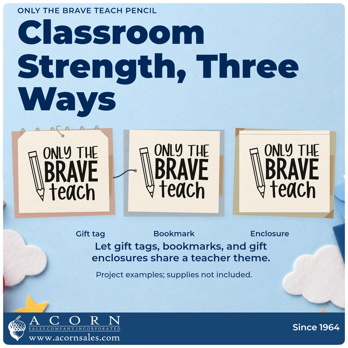 Three project examples made with the Only The Brave Teach Pencil Rubber Stamp – Duo Hand, including stationery tin labels.