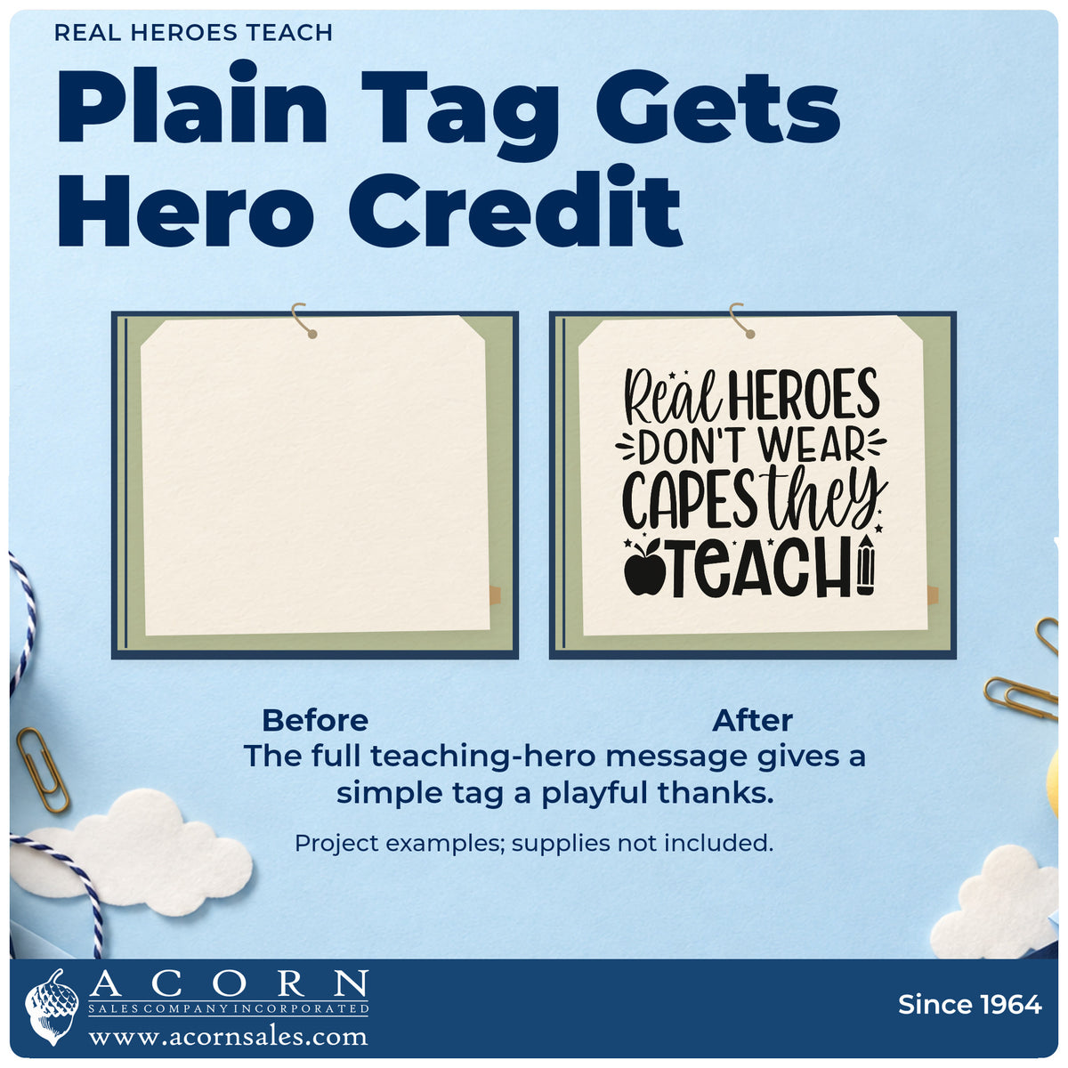 Before and after of a plain item finished with the Real Heroes Teach Rubber Stamp – Wood Handle, a quick upgrade for pledge card seals.
