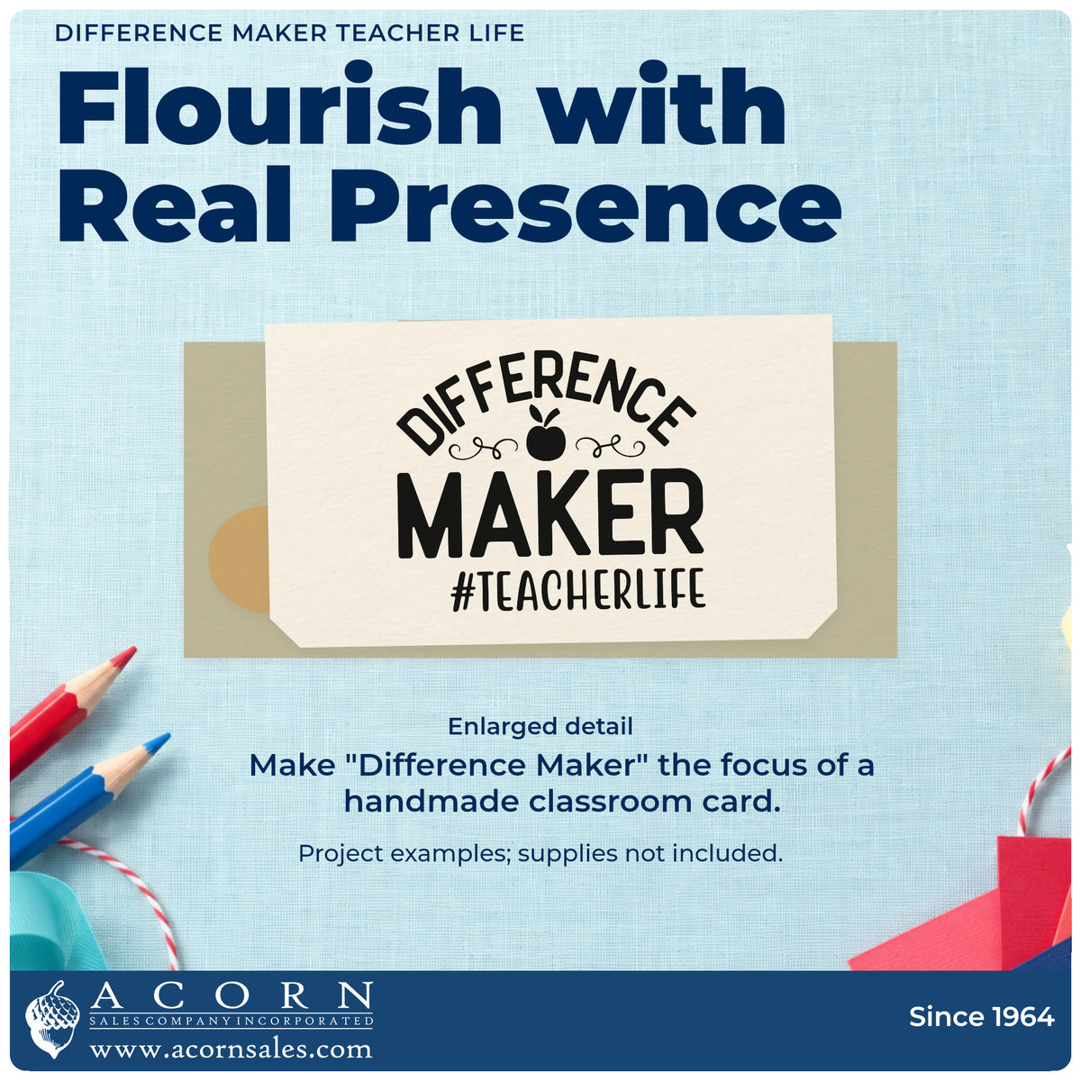 Enlarged detail of the Difference Maker Teacher Life Wood Handle Stamp imprint. Bold “Difference Maker” lettering surrounds an apple with flourishes above “#TeacherLife.”