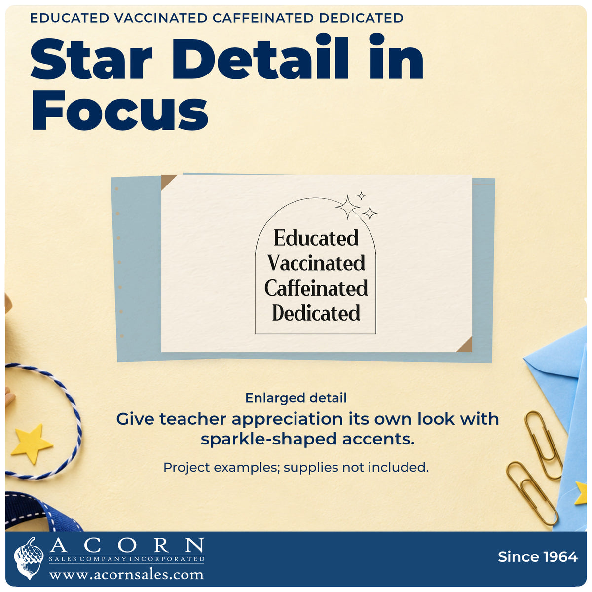 Enlarged detail of the Premium Wooden Educated Vaccinated Caffeinated Dedicated With Sparkles Stamp – Vintage Pro imprint. Four stacked words sit inside an arched outline accented by sparkles.