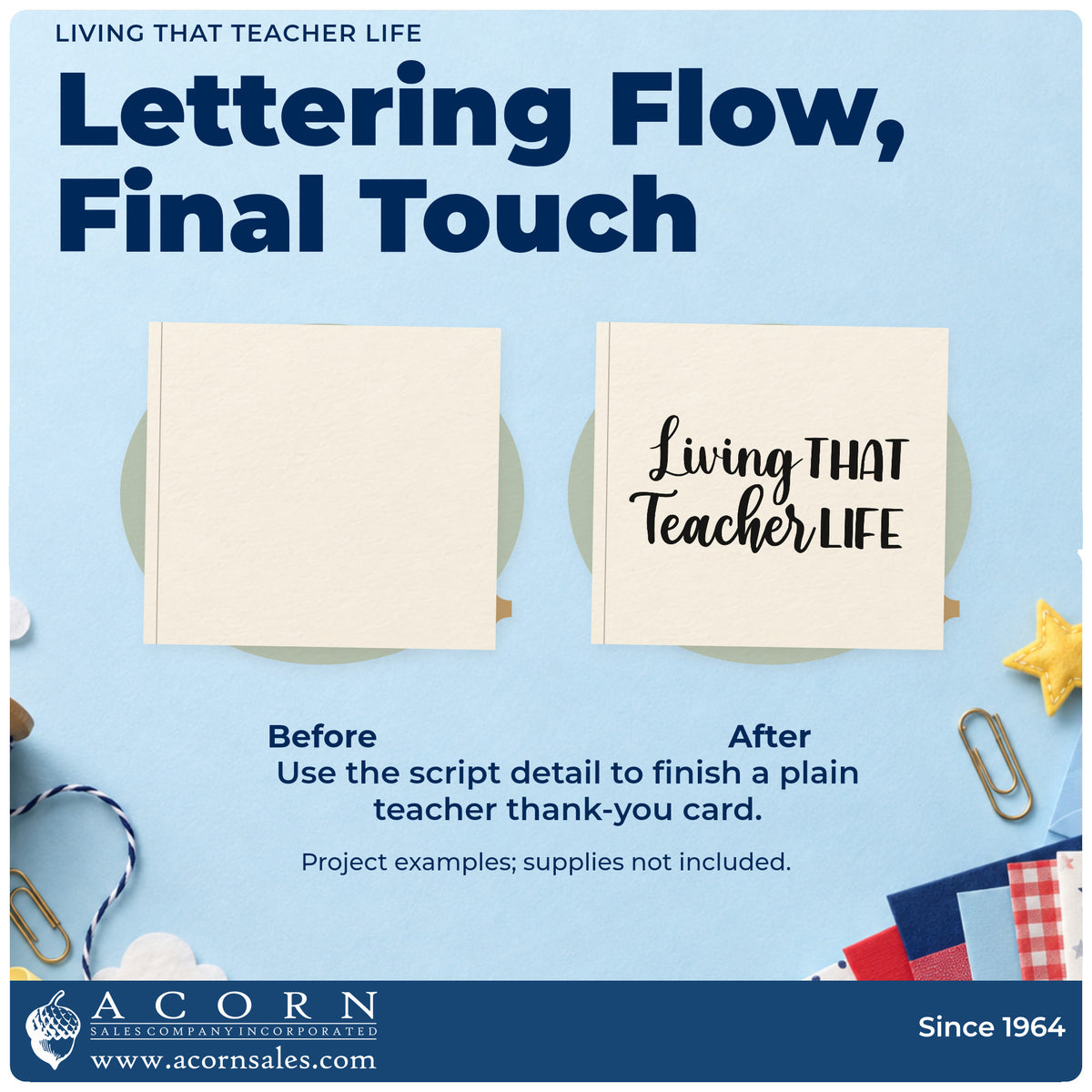 Before and after of a plain item finished with the Living That Teacher Life Script Lettering Rubber Stamp – Wood Handle, a quick upgrade for shop order seals.