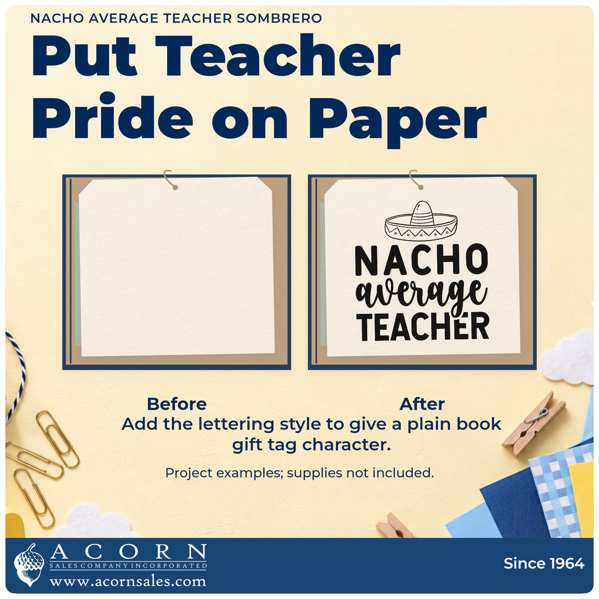 Before and after of a plain item finished with the Nacho Average Teacher Sombrero Lettering Rubber Stamp – Duo Hand, a quick upgrade for menu card seals.