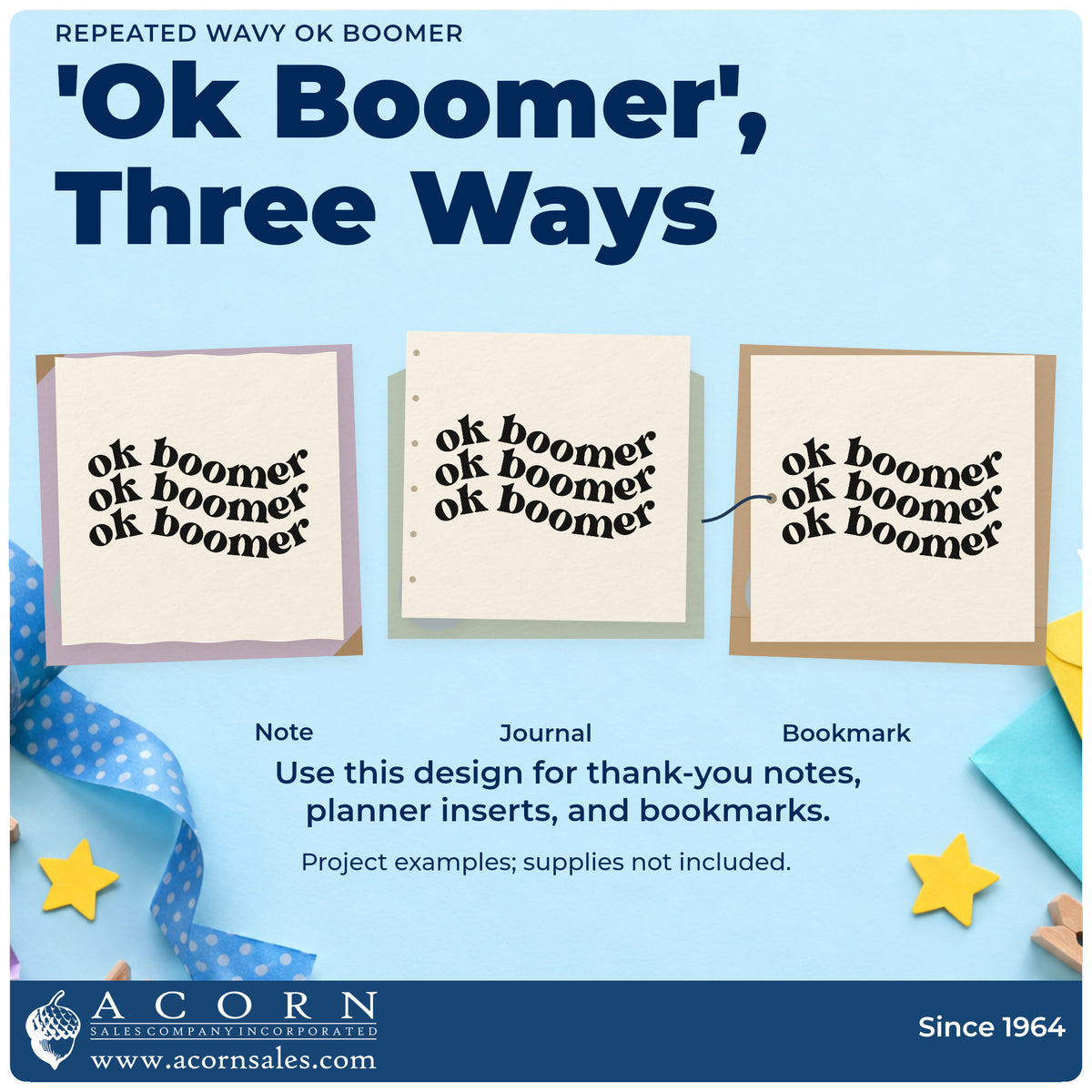 Three project examples made with the Repeated Wavy OK Boomer Premium Wooden Stamp – Vintage Pro, including retro tin labels.