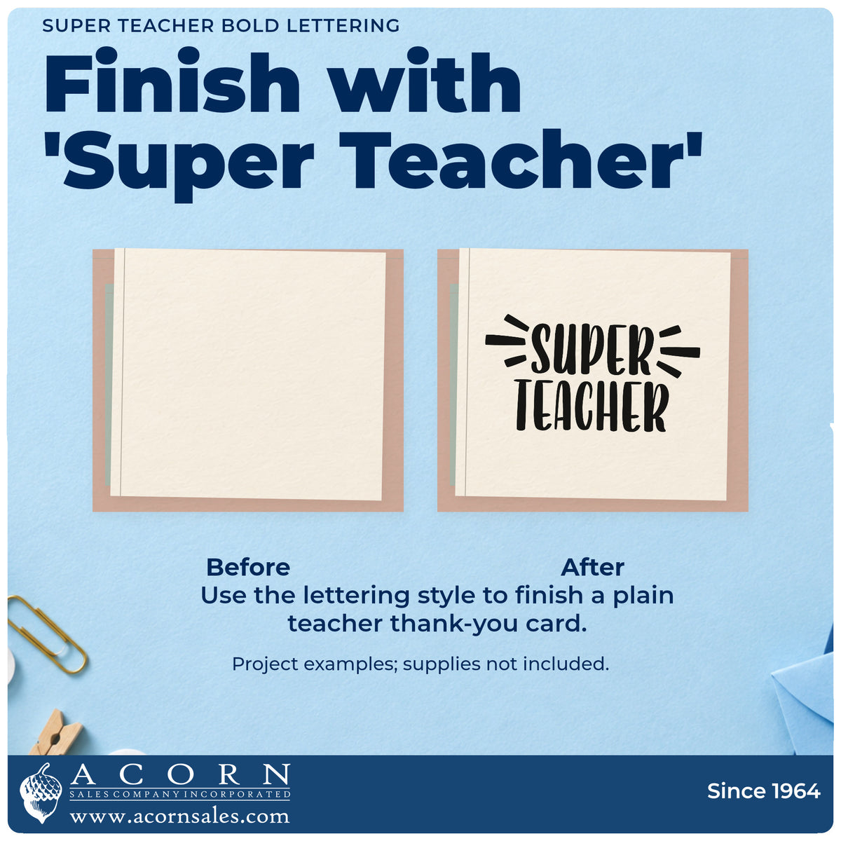 Before and after of a plain item finished with the Slim Pre-Inked Super Teacher Bold Lettering Stamp, a quick upgrade for certificate seals.