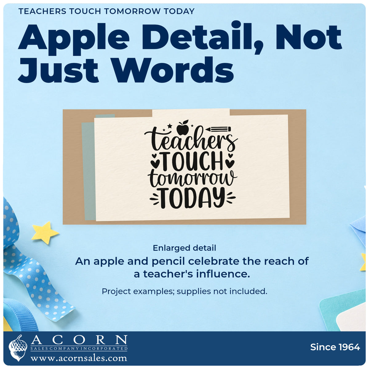 Enlarged detail of the Teachers Touch Tomorrow Today Slim Pre-Inked Stamp imprint. “Teachers Touch Tomorrow Today” appears with hearts, stars, an apple, and a pencil.