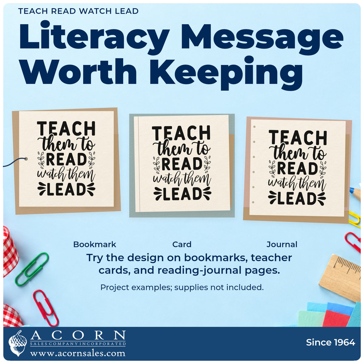 Three project examples made with the Teach Read Watch Lead Premium Wooden Stamp – Vintage Pro, including crate spine labels.
