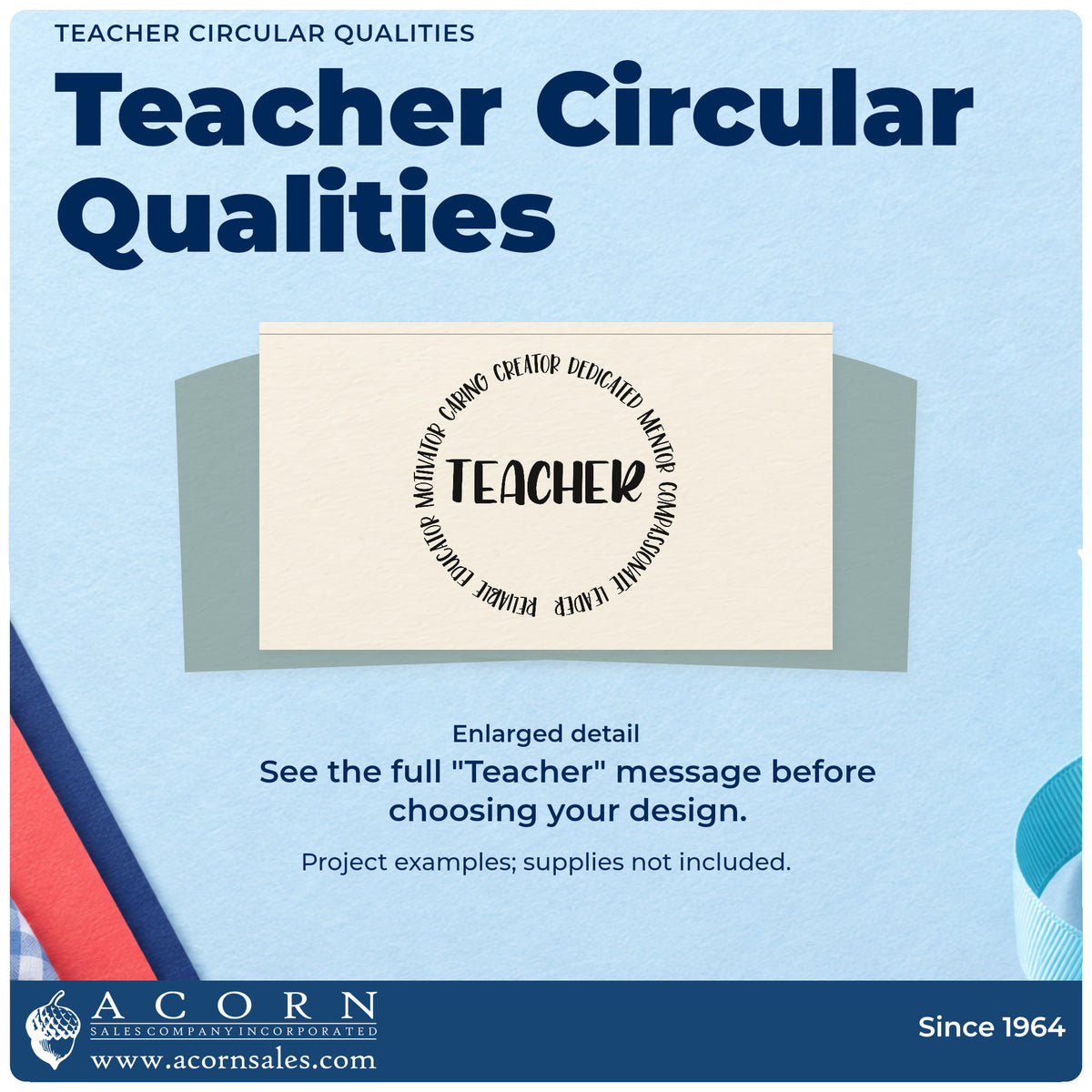 Enlarged detail of the Teacher Circular Qualities Slim Pre-Inked Stamp imprint. “Teacher” sits inside a circular ring of words including mentor, leader, educator, and creator.