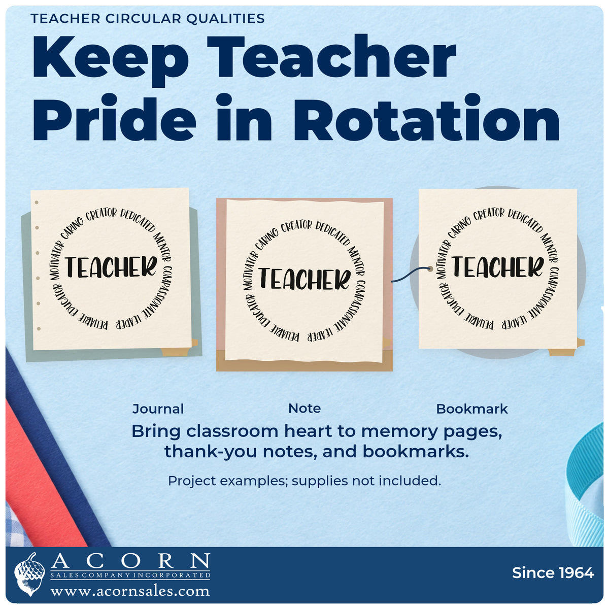 Three project examples made with the Teacher Circular Qualities Slim Pre-Inked Stamp, including round badge labels.
