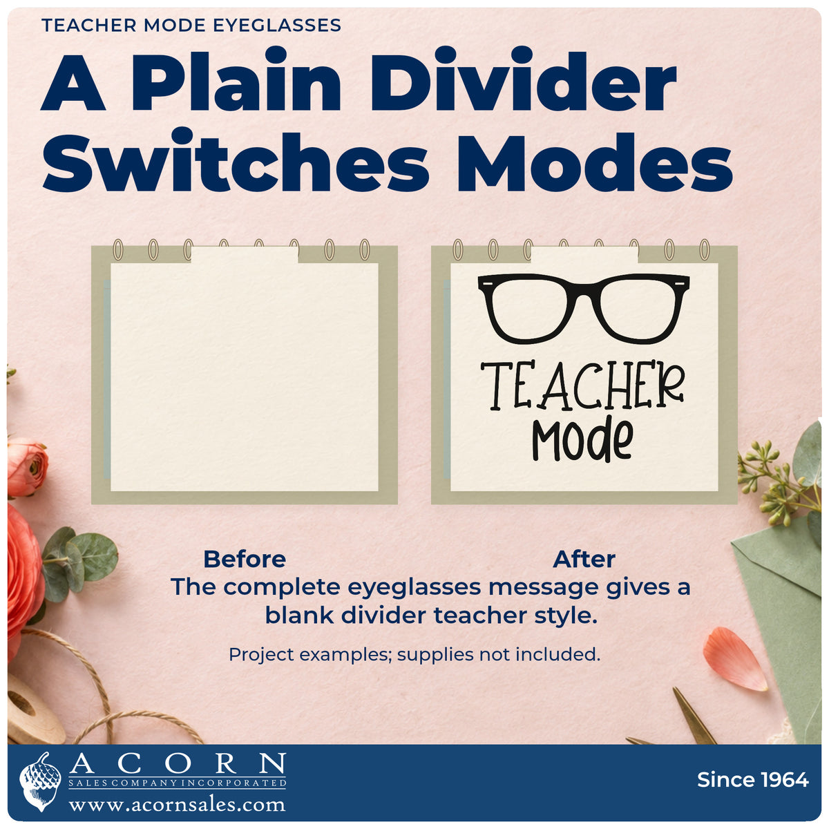 Before and after of a plain item finished with the Teacher Mode Glasses Lettering Premium Wood-Mounted Stamp – Vintage Pro, a quick upgrade for screen break seals.