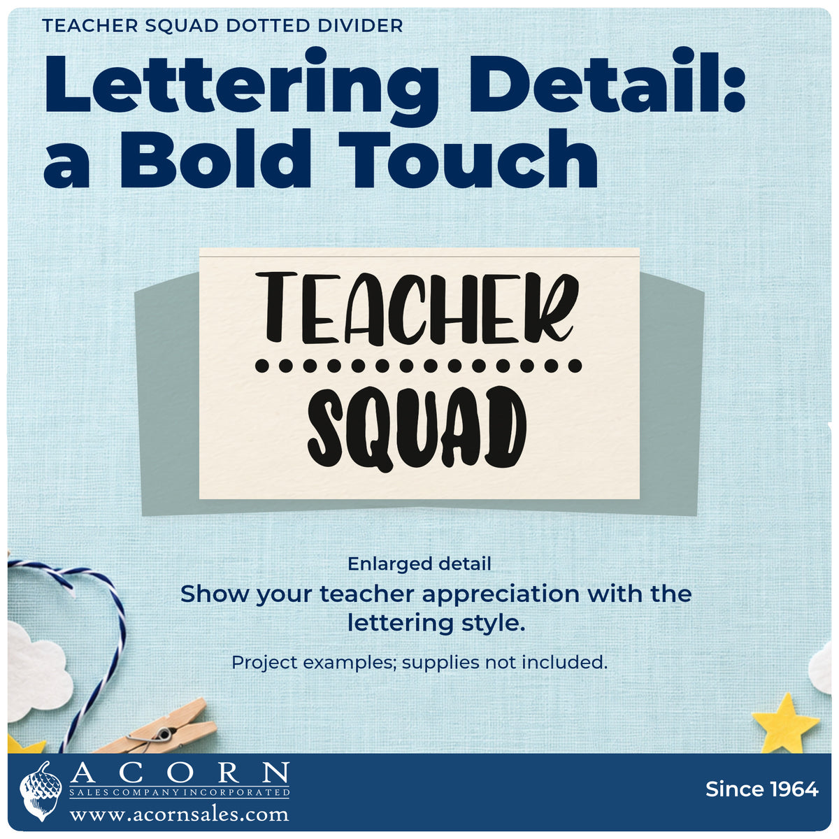 Enlarged detail of the Teacher Squad Dotted Divider PSI Pre-Inked Stamp imprint. “Teacher Squad” appears in two bold rows separated by a row of dots.