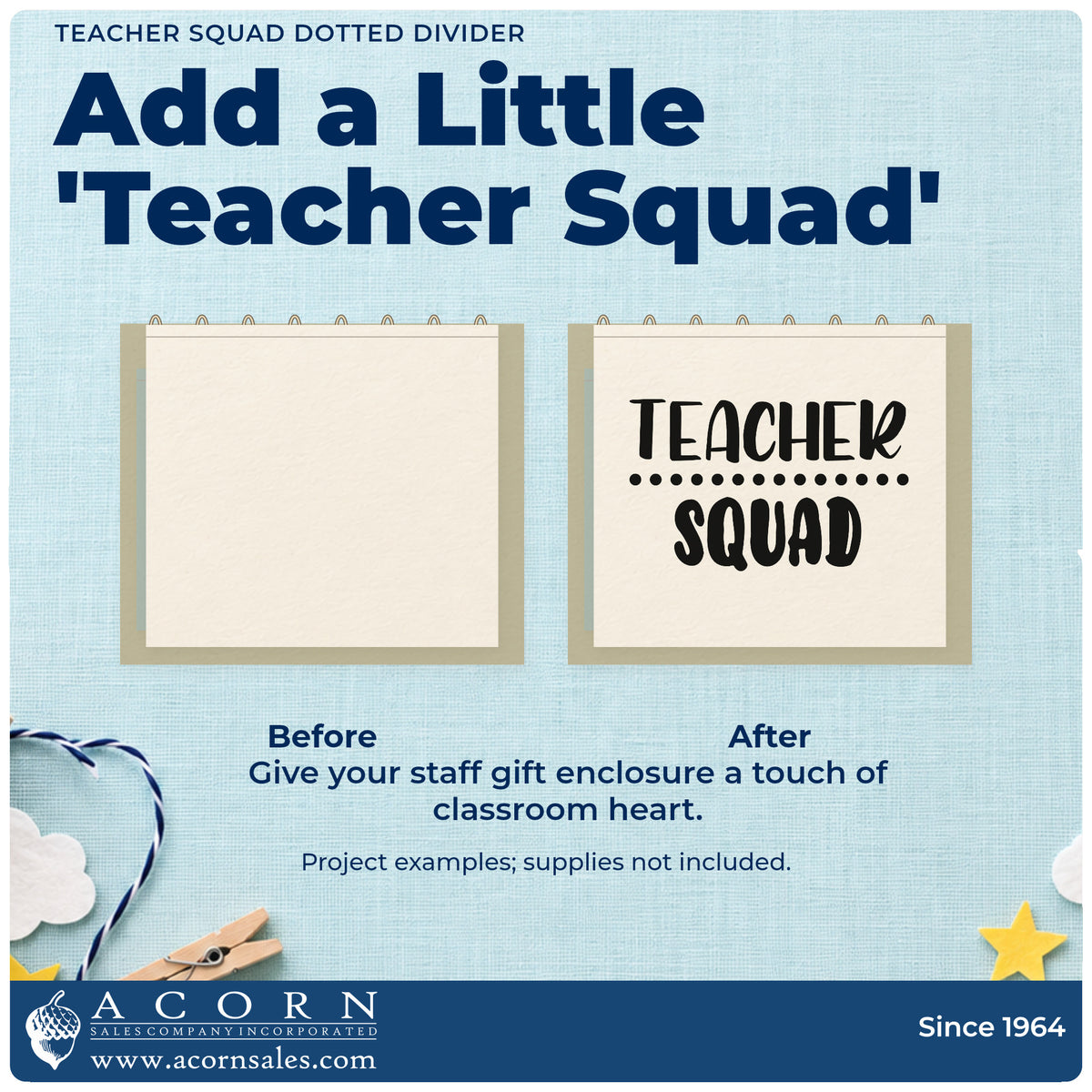 Before and after of a plain item finished with the Teacher Squad Dotted Divider PSI Pre-Inked Stamp, a quick upgrade for handover pack seals.