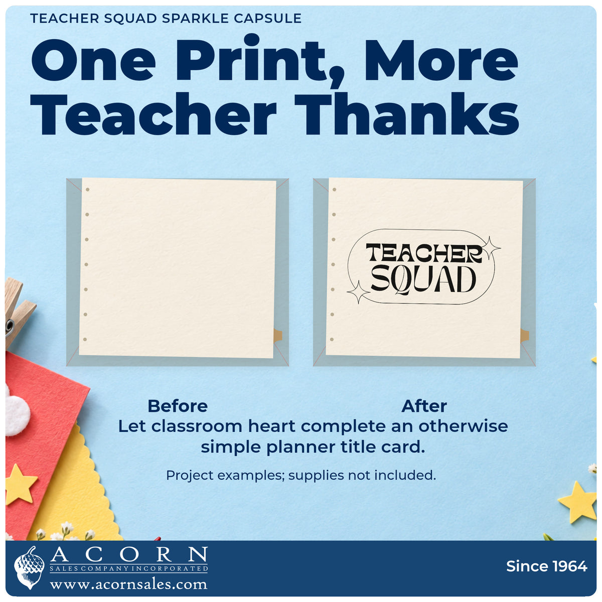 Before and after of a plain item finished with the Teacher Squad Sparkle Capsule Outline Detail Rubber Stamp – Wood Handle, a quick upgrade for sticker roll seals.