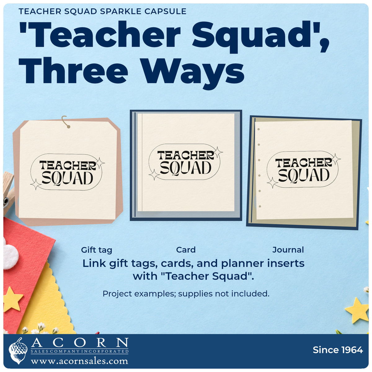 Three project examples made with the Teacher Squad Sparkle Capsule Outline Detail Hand Stamp – Duo, including water bottle labels.