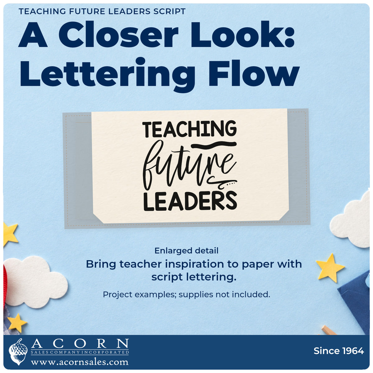 Enlarged detail of the Teaching Future Leaders Script Wood Handle Stamp imprint. “Teaching Future Leaders” features sweeping script between bold capital rows.