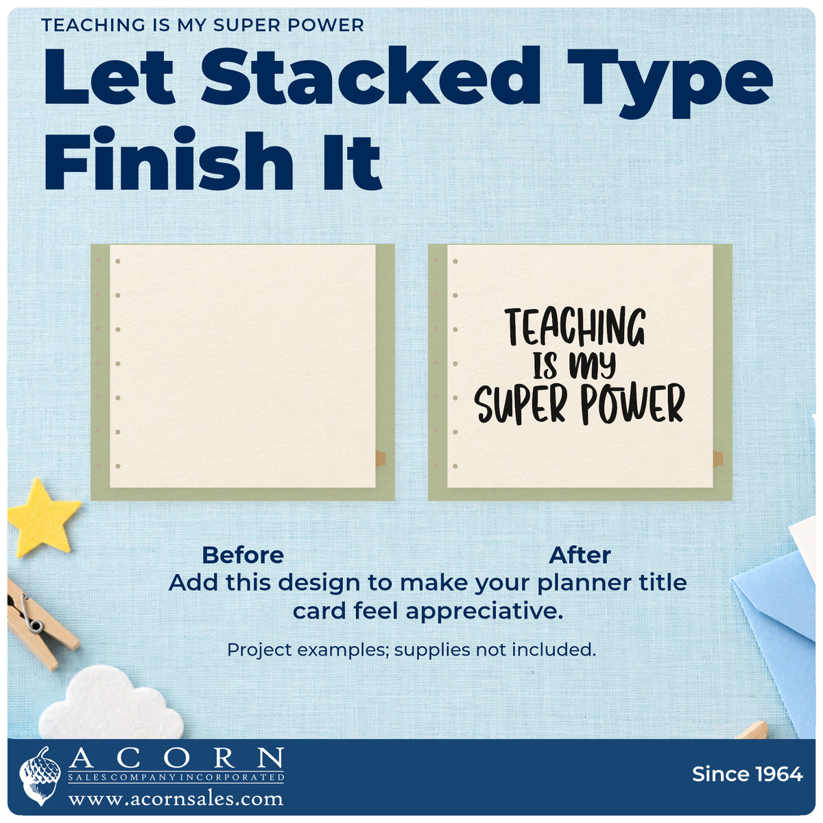 Before and after of a plain item finished with the Teaching Is My Super Power Stamp – PSI Pre-Inked, a quick upgrade for portfolio seals.