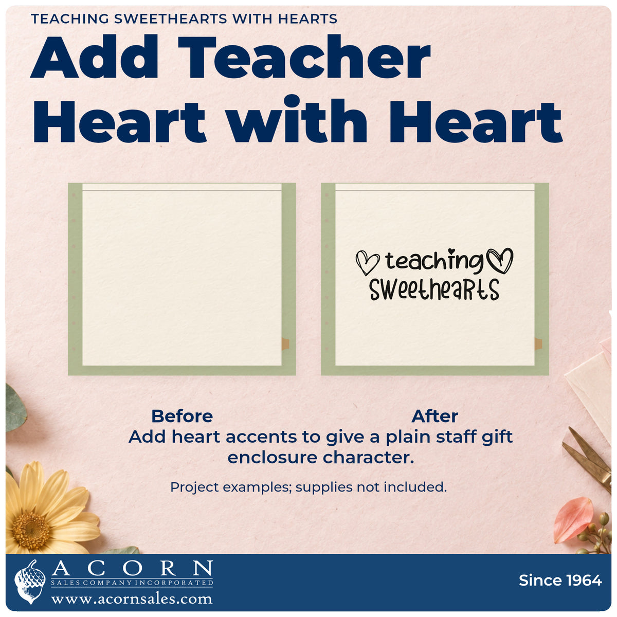 Before and after of a plain item finished with the Teaching Sweethearts With Hearts Pre-Inked Stamp – PSI, a quick upgrade for envelope tuck seals.