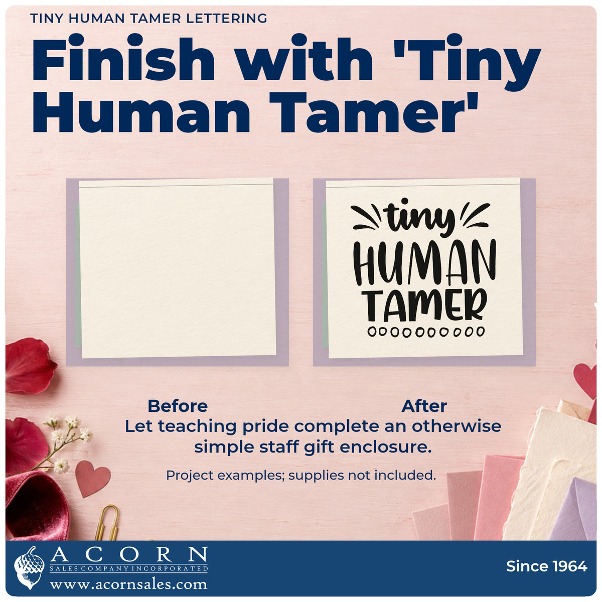 Before and after of a plain item finished with the Tiny Human Tamer Lettering Stamp – Duo Hand, a quick upgrade for snack bag seals.