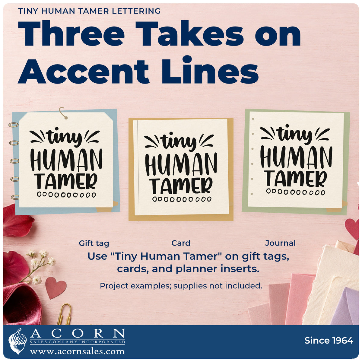 Three project examples made with the Tiny Human Tamer Lettering Premium Wooden Stamp – Vintage Pro, including toy crate labels.