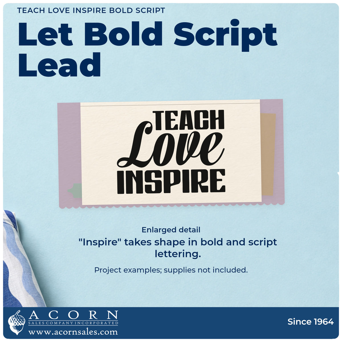Enlarged detail of the Teach Love Inspire Bold Script Lettering Rubber Stamp – Wood Handle imprint. Bold “Teach” and “Inspire” frame oversized script “Love.”