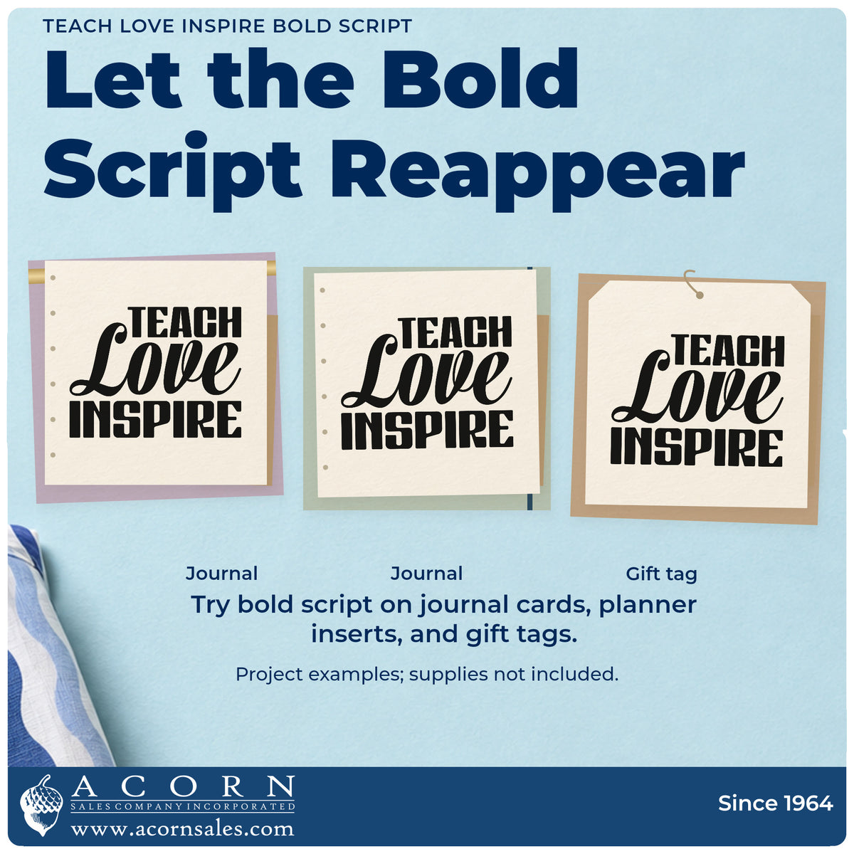 Three project examples made with the Teach Love Inspire Bold Script Lettering Stamp – Self-Inking, including cake box labels.