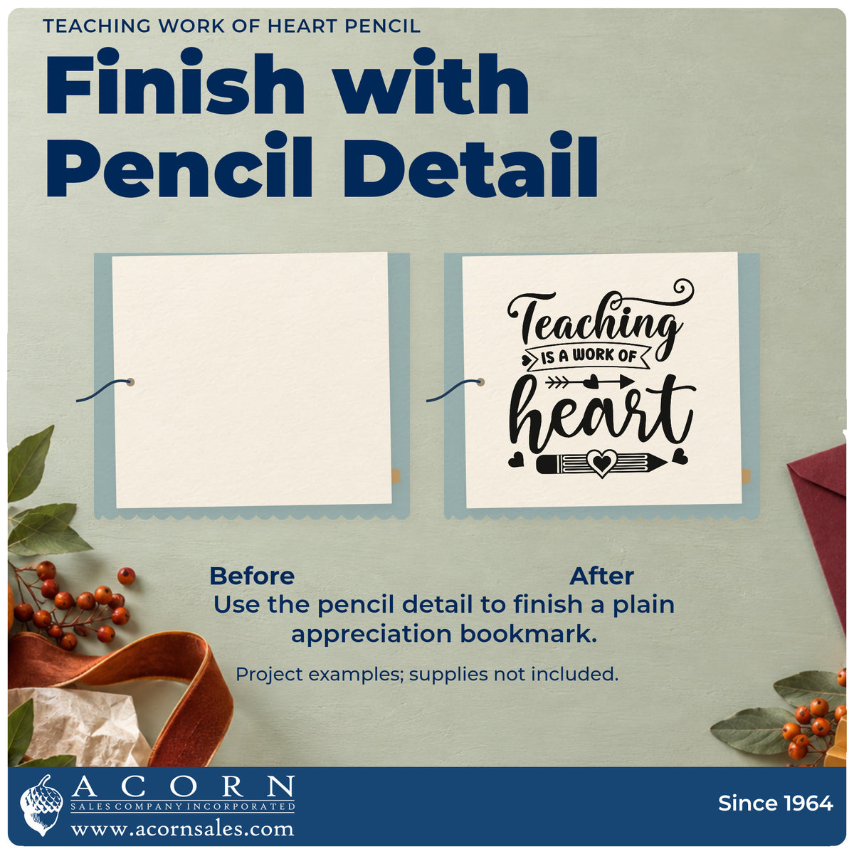 Before and after of a plain item finished with the Vintage Pro Teaching Work Of Heart Pencil Premium Wooden Stamp, a quick upgrade for nomination seals.