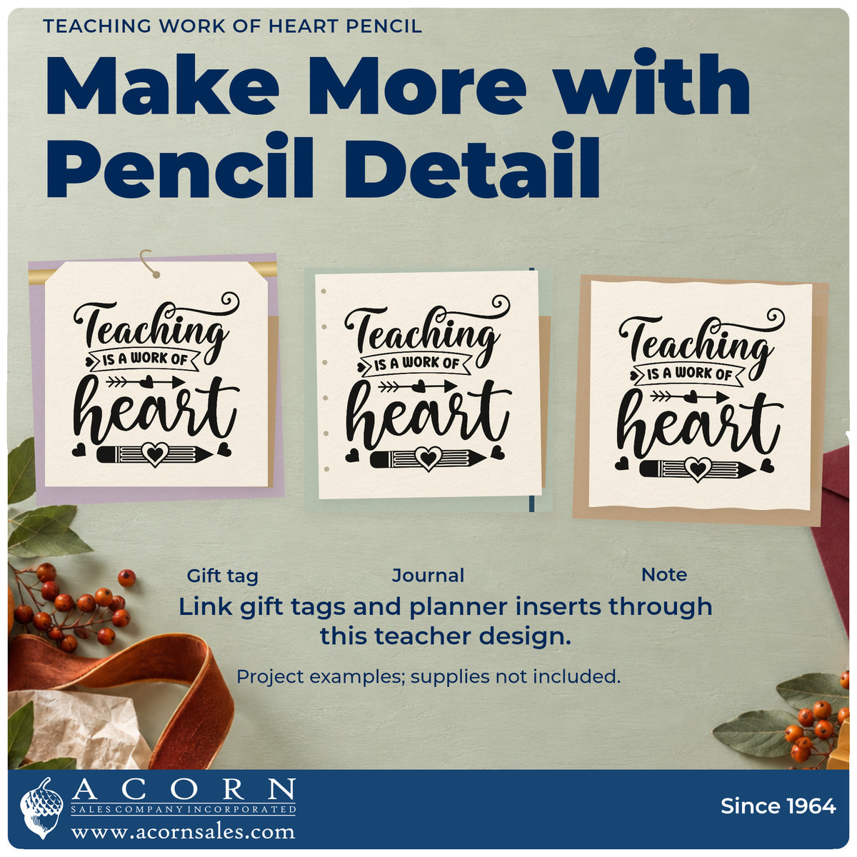 Three project examples made with the Teaching Work Of Heart Pencil Wood Handle Stamp, including display case labels.