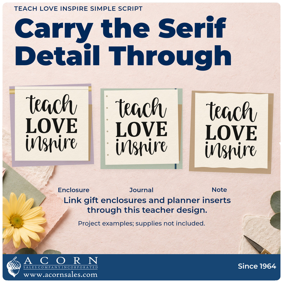 Three project examples made with the Teach Love Inspire Simple Script Lettering Premium Wooden Stamp – Vintage Pro, including folder spine labels.