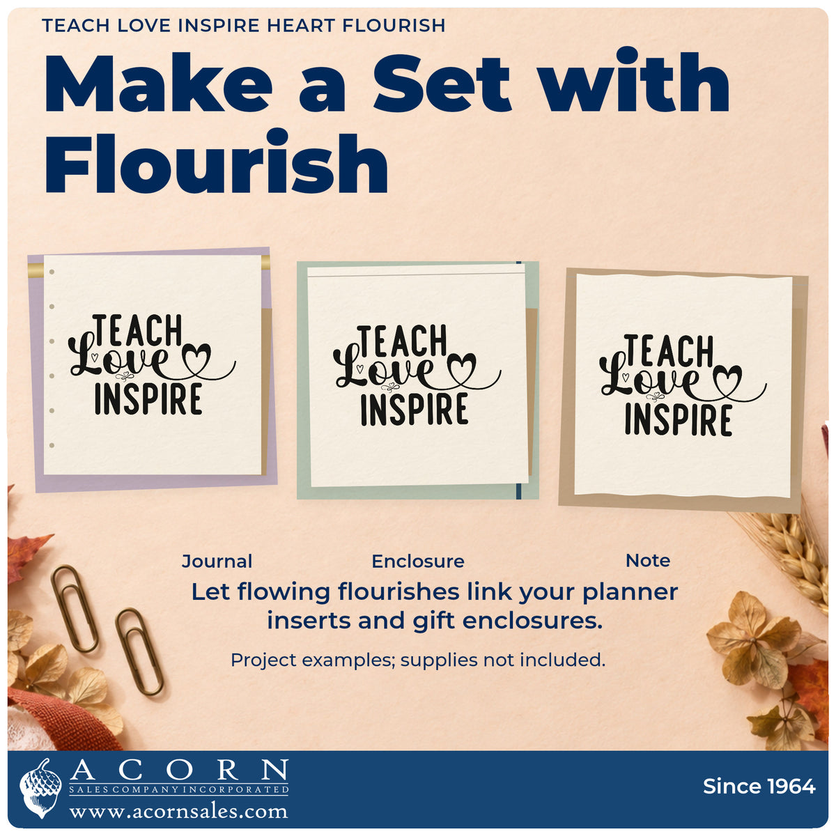 Three project examples made with the Teach Love Inspire Heart Flourish Stamp – Wood Handle, including candy tin labels.