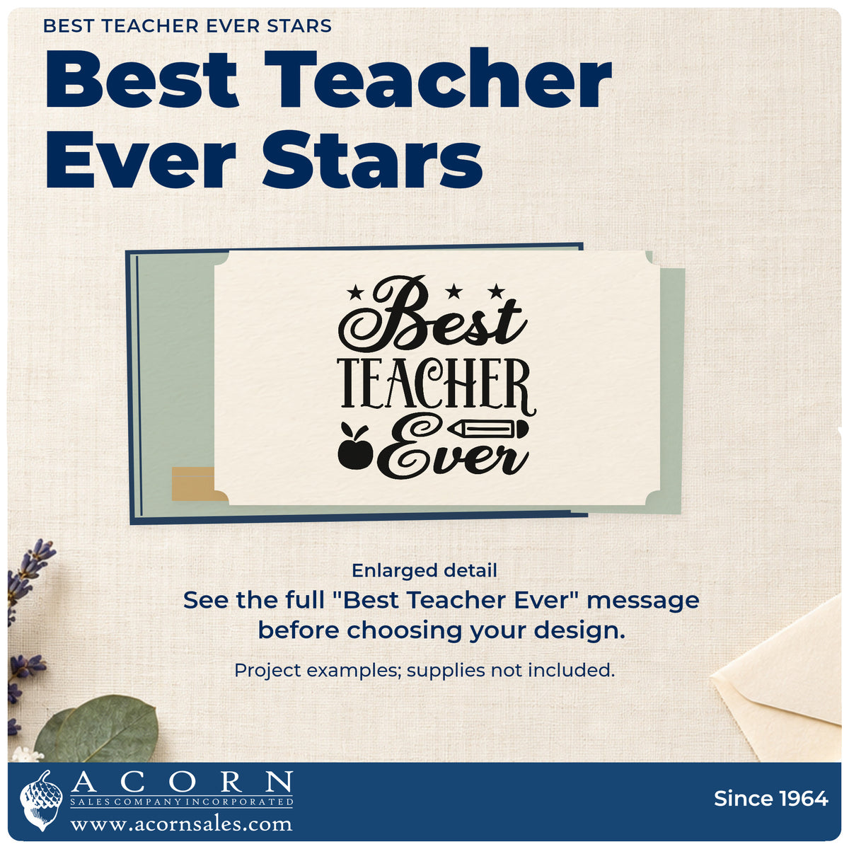 Enlarged detail of the Best Teacher Ever Stars Self-Inking Craft Stamp imprint. “Best Teacher Ever” is accented with stars, an apple, and a pencil.