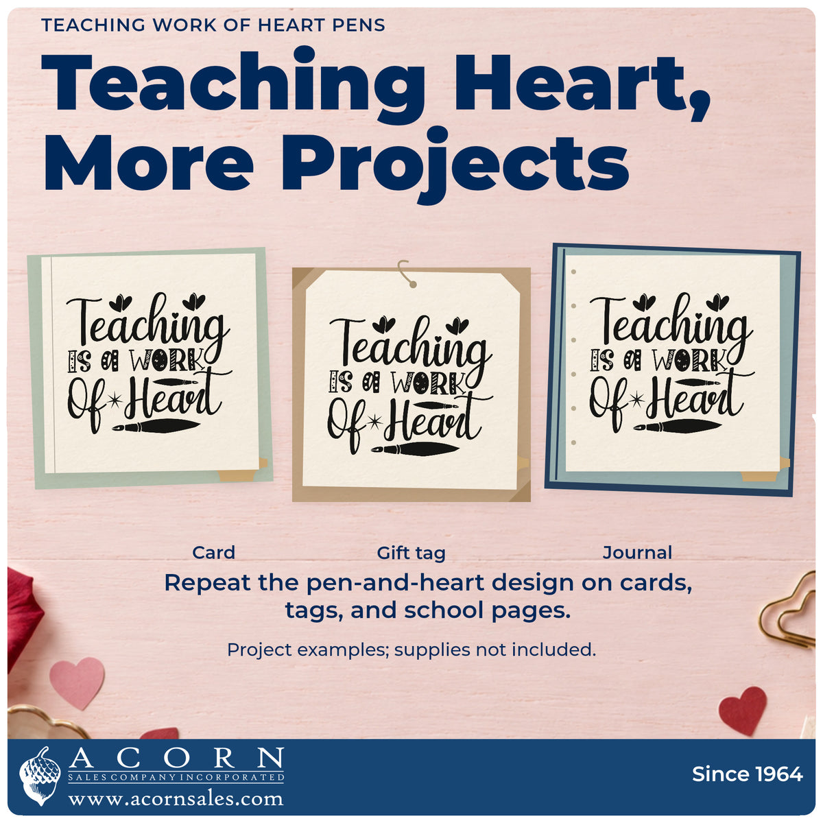Three project examples made with the Teaching Is A Work Of Heart Fountain Pens Premium Wooden Stamp – Vintage Pro, including ink well labels.
