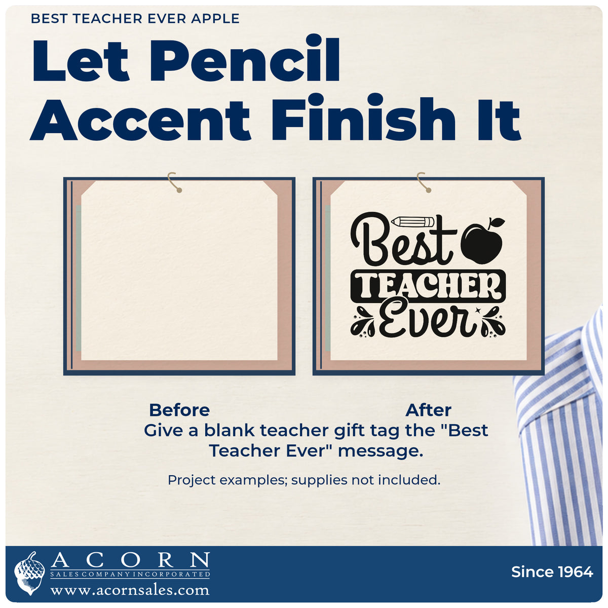 Before and after of a plain item finished with the Best Teacher Ever Apple Pencil Motif Pre-Inked Stamp – Slim, a quick upgrade for invitation card seals.