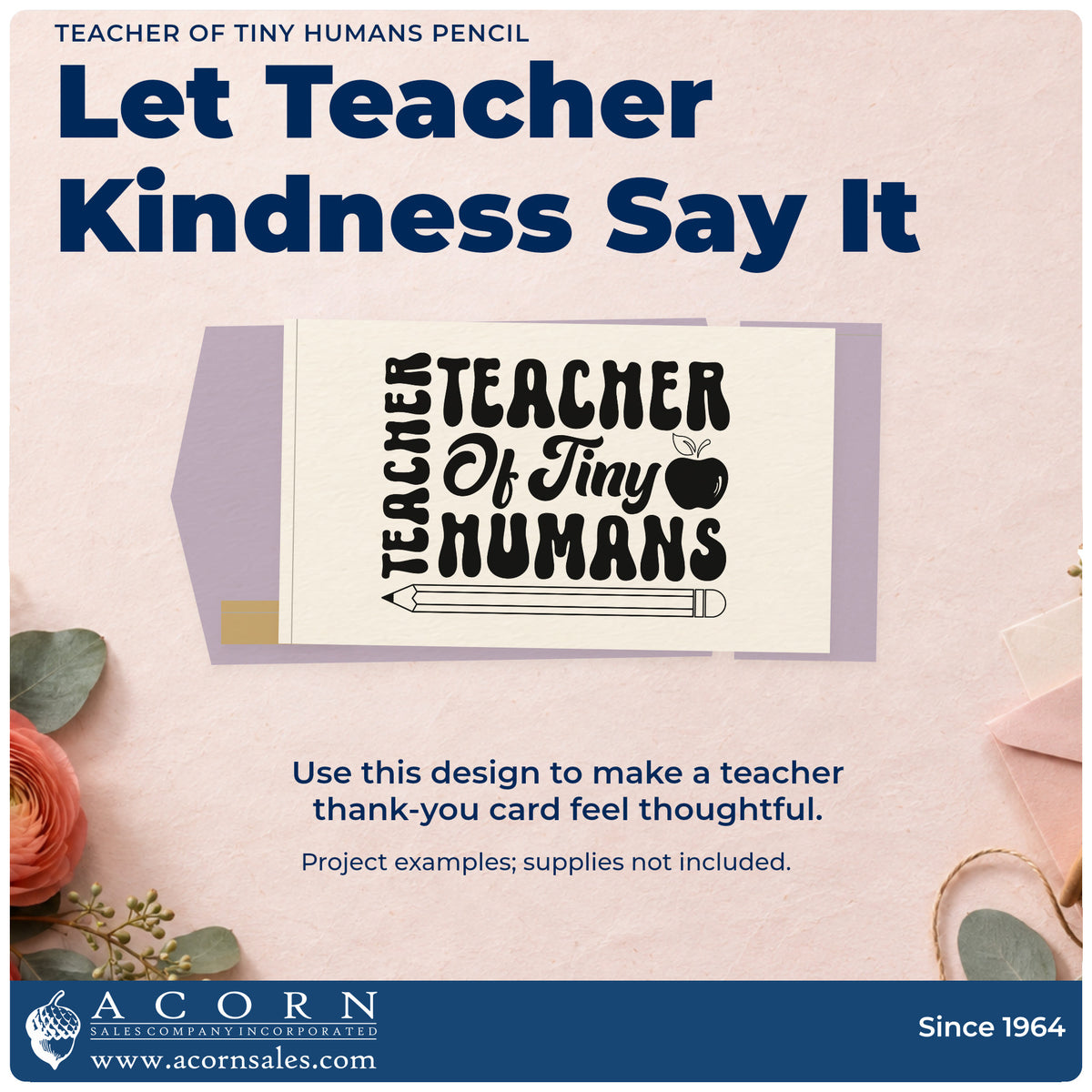 A finished handmade project stamped with the Teacher Of Tiny Humans Pencil Apple Rubber Stamp – Wood Handle, ideal for key person tags.